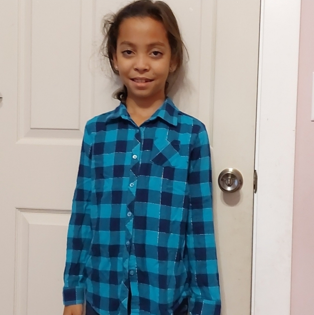 Faded Glory Girls Blue Plaid Long Sleeve Button Down Shirt Size M 7 8